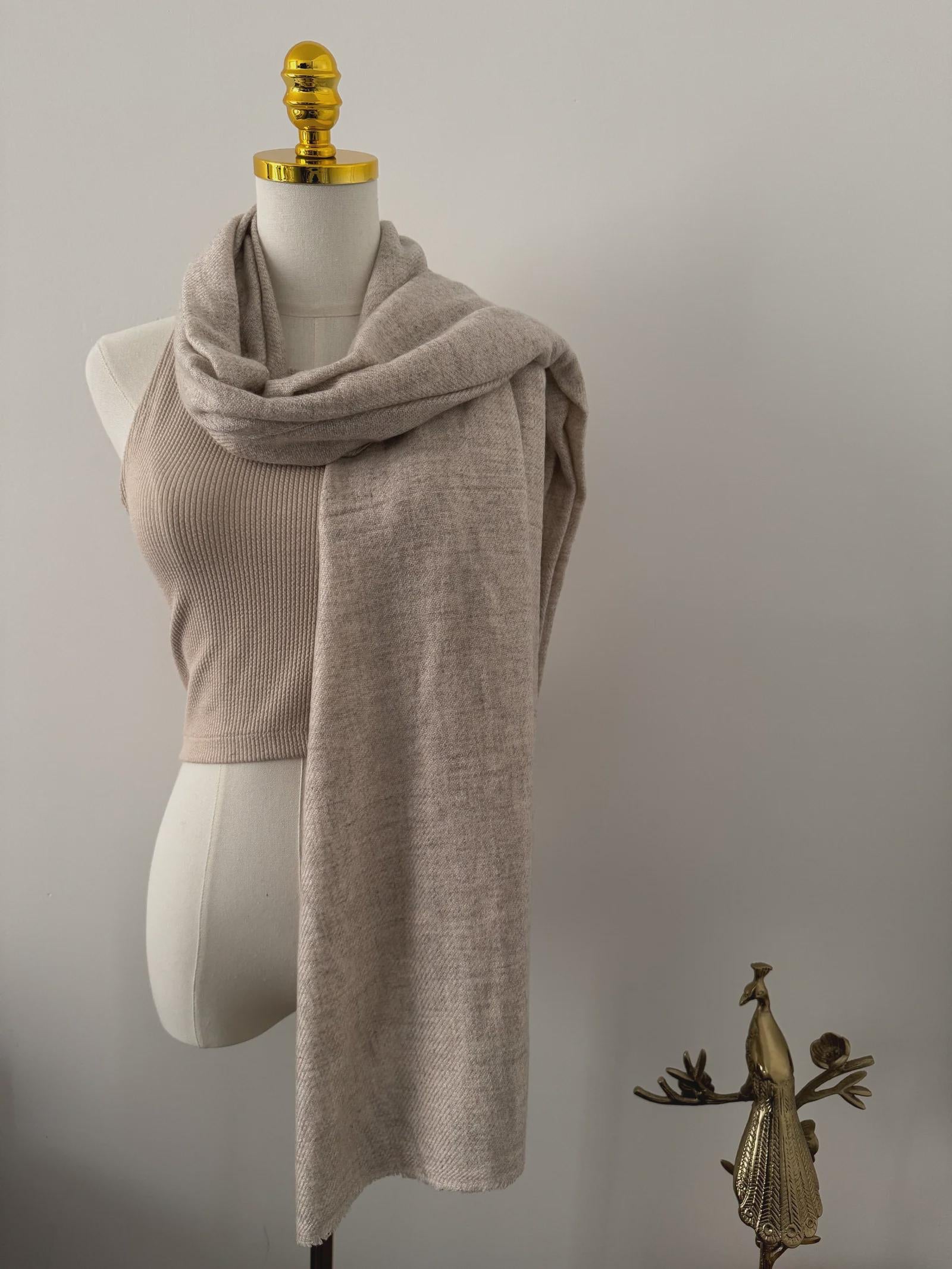 Handcrafted Cashmere Wool Shawl, Unisex, Soft Beige, Eco-Friendly, Natural Undyed, Artisan Made, Luxury Travel Wrap, Father's day Gift