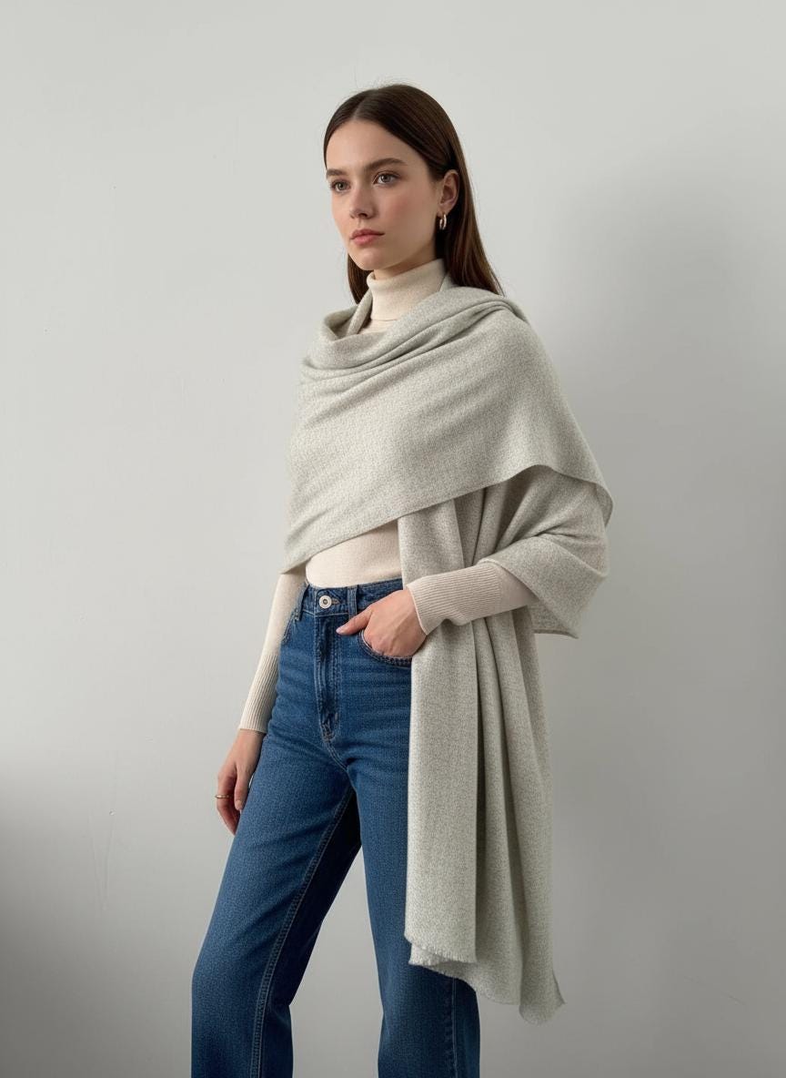 Handcrafted Cashmere Wool Shawl, Unisex, Light Gray, Eco-Friendly, Natural Undyed, Artisan Made, Luxury Travel Wrap, Father's day Gift