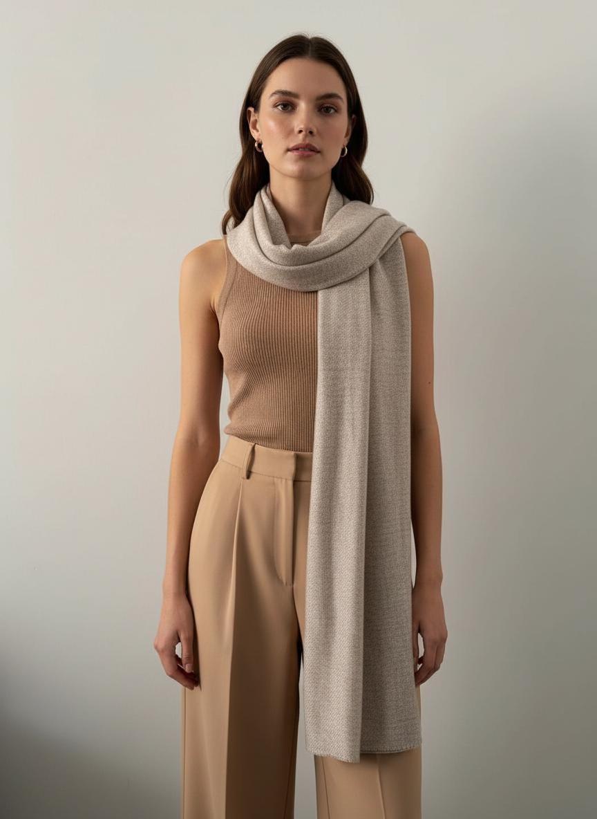 Handcrafted Cashmere Wool Shawl, Unisex, Soft Beige, Eco-Friendly, Natural Undyed, Artisan Made, Luxury Travel Wrap, Father's day Gift