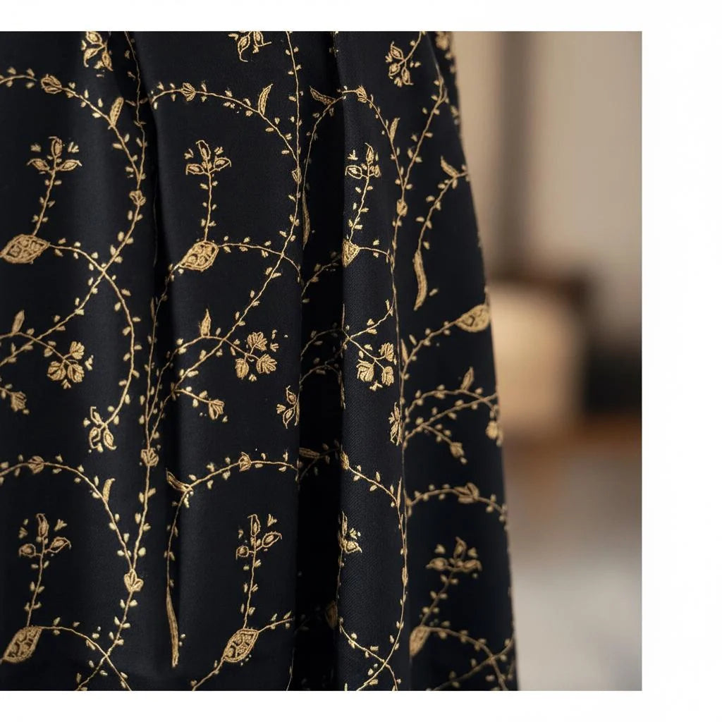 Pashmina Shawl – Authentic Kashmiri, Black & Gold, Handwoven with Sozni Embroidery