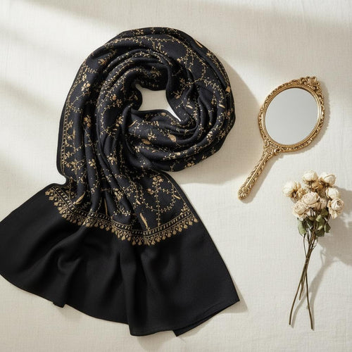 100 % Pashmina Wedding Shawl, Black & Gold, Sozni Hand Embroidery, Handwoven, Kashmir Wrap, Wedding Guest, Bridal Stole, Mother of the Bride