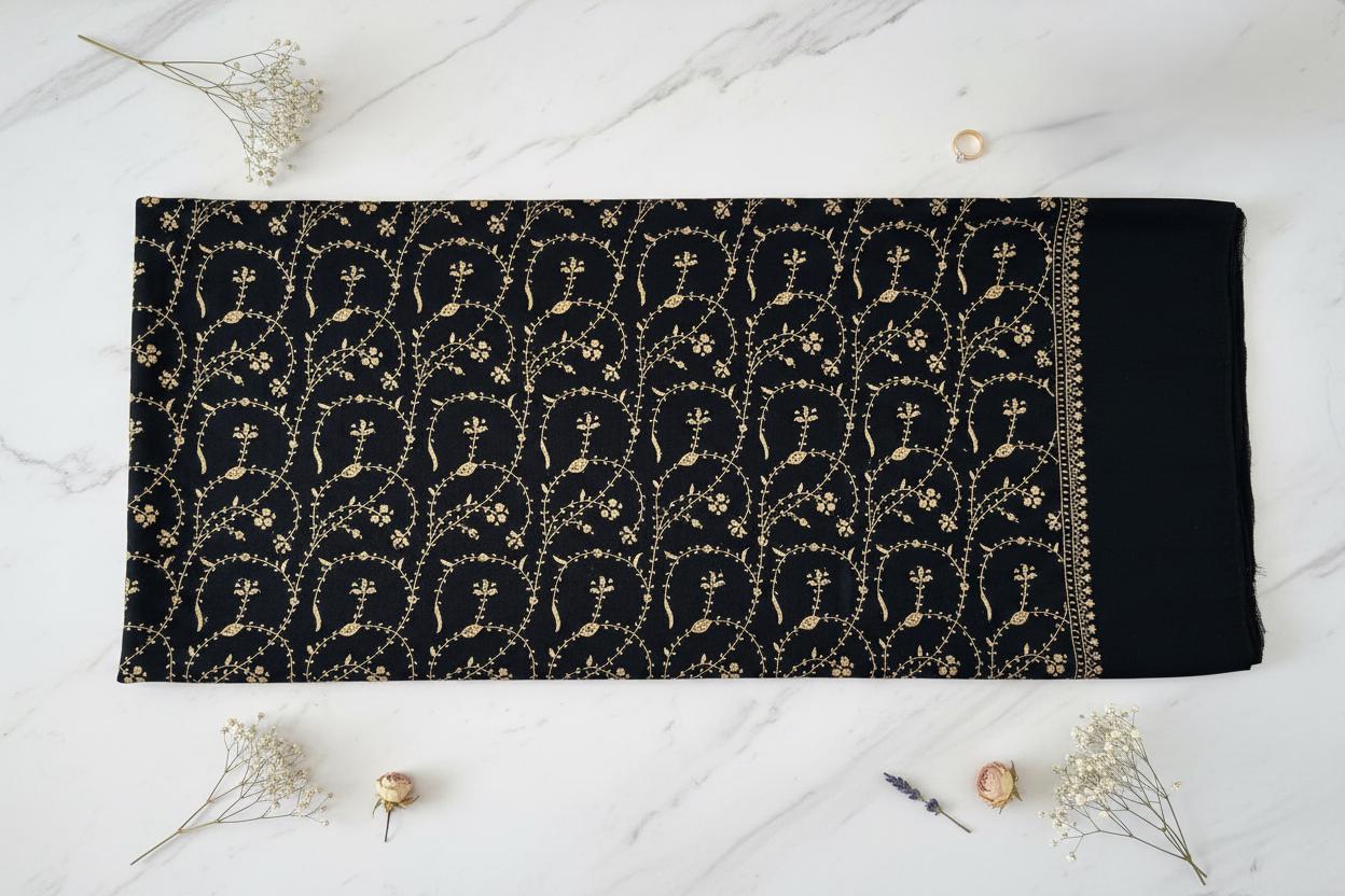100 % Pashmina Wedding Shawl, Black & Gold, Sozni Hand Embroidery, Handwoven, Kashmir Wrap, Wedding Guest, Bridal Stole, Mother of the Bride