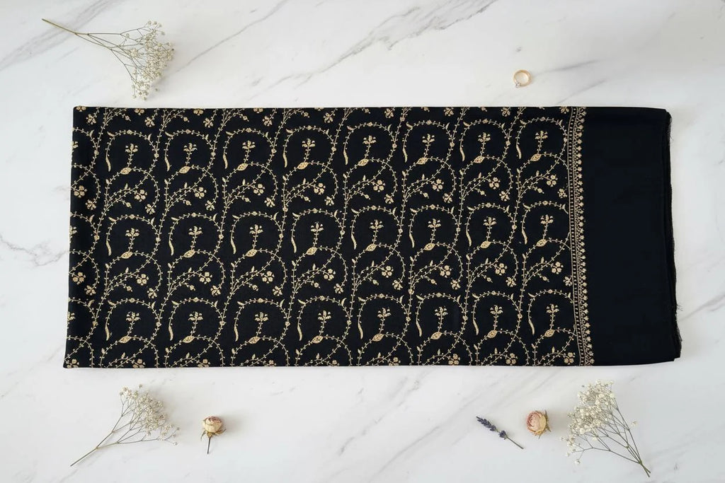 Pashmina Shawl – Authentic Kashmiri, Black & Gold, Handwoven with Sozni Embroidery