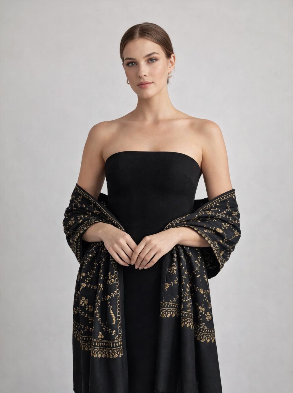 100 % Pashmina Wedding Shawl, Black & Gold, Sozni Hand Embroidery, Handwoven, Kashmir Wrap, Wedding Guest, Bridal Stole, Mother of the Bride