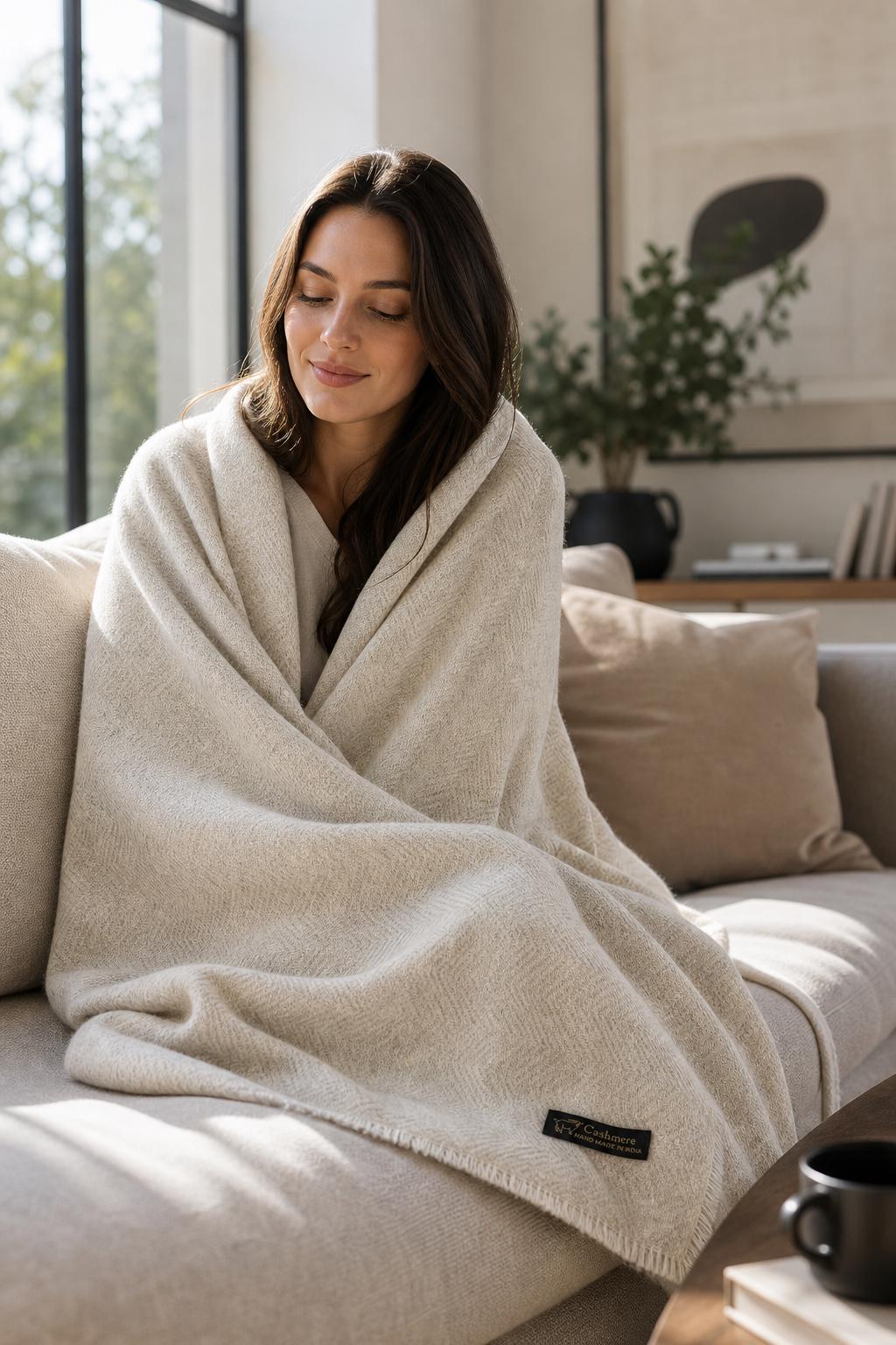 Cashmere Throw Blanket for Sofa, Luxury Travel Blanket, Ivory, Handmade Kashmiri Throw, Couch Throw Blanket, Housewarming, Father's Day Gift