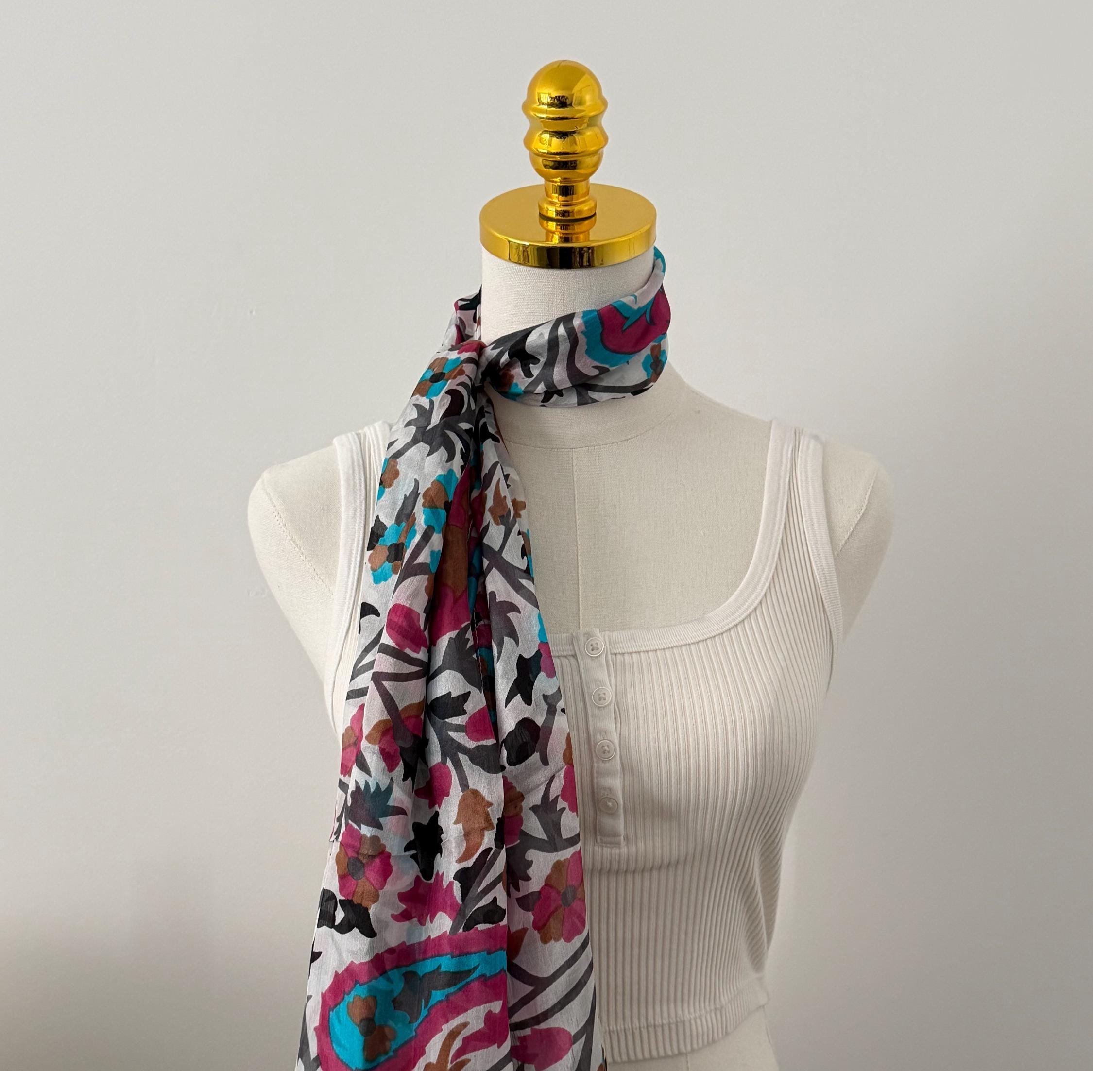 100% Silk Floral Scarf, Handcrafted, Women, Boho Paisley Print Wrap, Pink, Lightweight Summer Scarf, Artisans Made in India, Gift for Her
