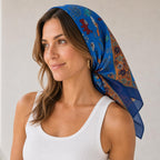 100% Silk Scarf, Handcrafted, Elephant Floral Print, Blue, Lightweight Summer Hair wrap, Artisan Made in India Wrap (22" x 72")