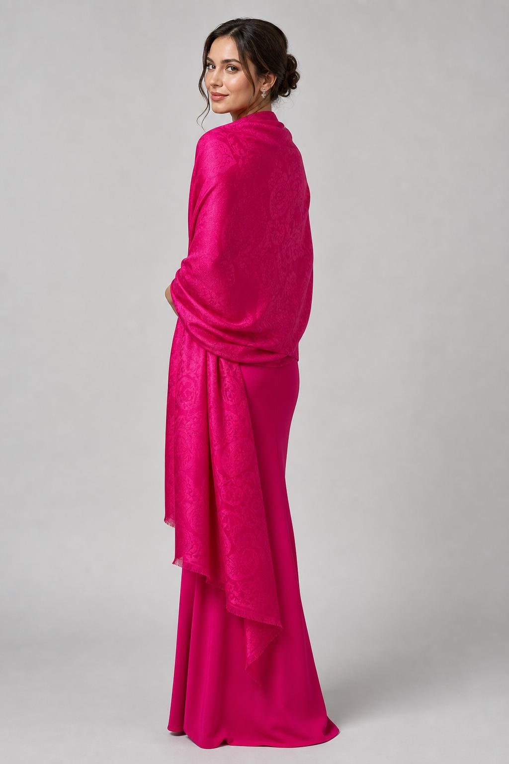 Silk Shawl, Fuchsia Pink, Handcrafted Jacquard Floral Wrap, Lightweight Evening Stole, Wedding Guest Scarf, Luxury Gift for Her, Bridesmaid