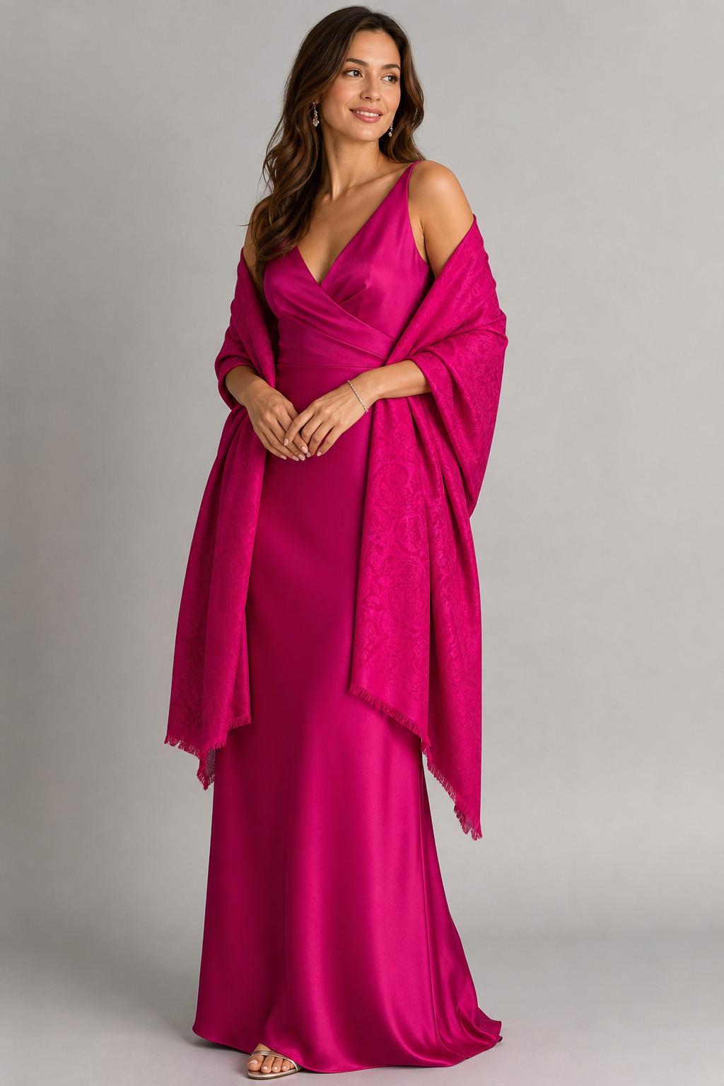 Silk Shawl, Fuchsia Pink, Handcrafted Jacquard Floral Wrap, Lightweight Evening Stole, Wedding Guest Scarf, Luxury Gift for Her, Bridesmaid