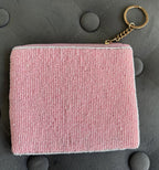Handmade Coin Pouch, Pink Heart Purse, Checkered Zip Pouch, Coquette, Seed Bead Wallet, Keychain Card Holder, Gift for Her, Party Favor