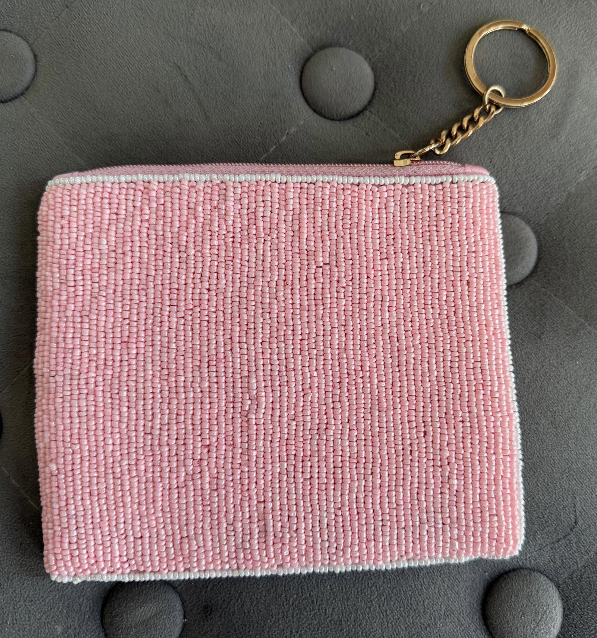Handmade Coin Pouch, Pink Heart Purse, Checkered Zip Pouch, Coquette, Seed Bead Wallet, Keychain Card Holder, Gift for Her, Party Favor