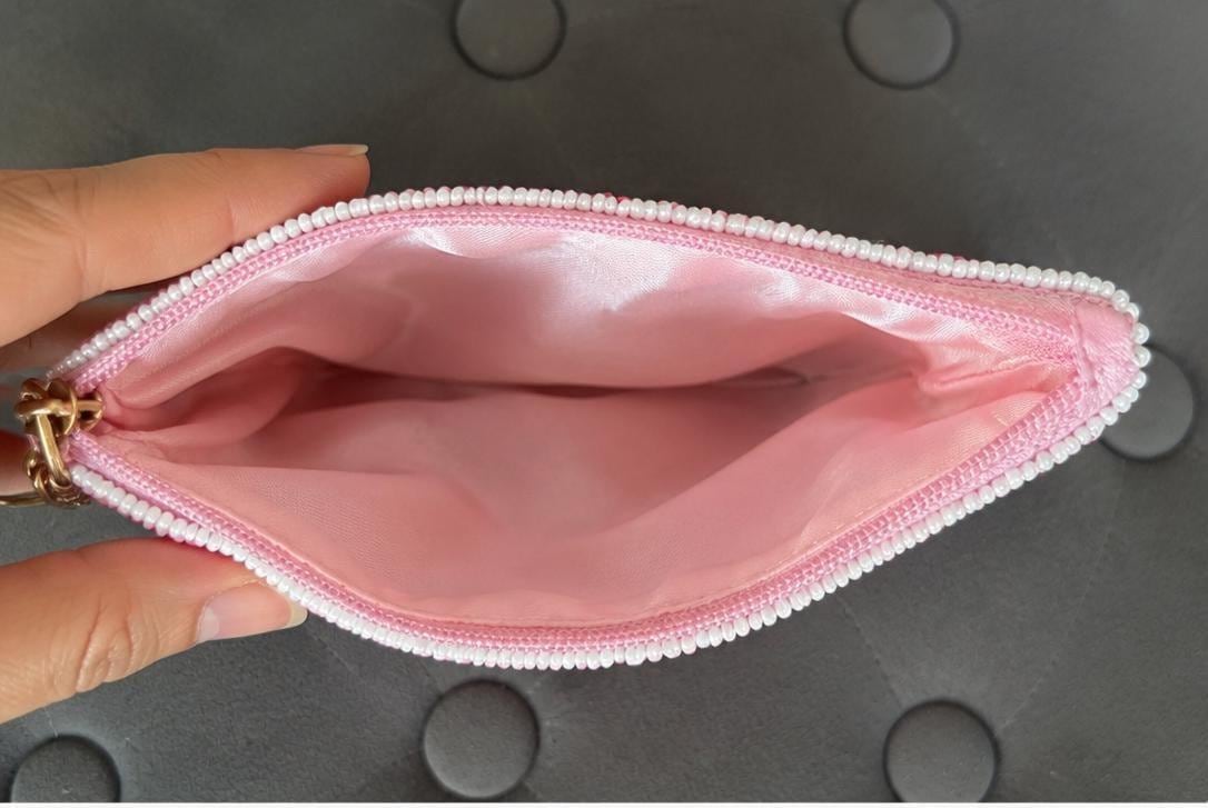 Handmade Coin Pouch, Pink Heart Purse, Checkered Zip Pouch, Coquette, Seed Bead Wallet, Keychain Card Holder, Gift for Her, Party Favor