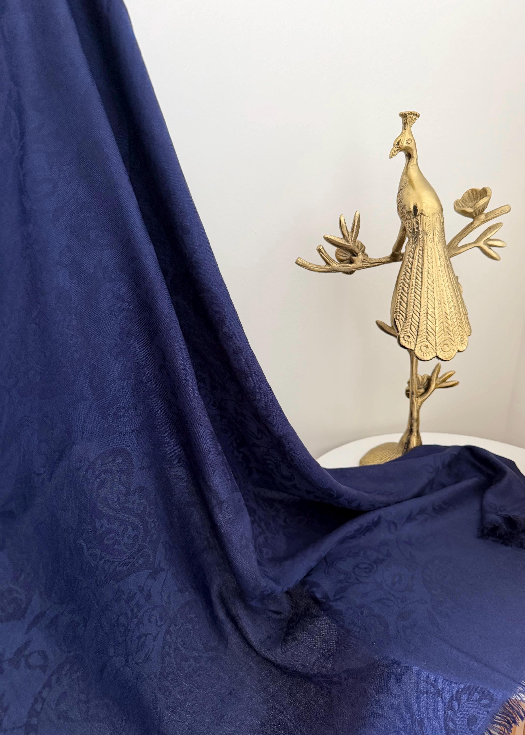 Silk Shawl, Navy Blue, Handcrafted Jacquard Floral Wrap, Lightweight Evening Stole, Wedding Guest Scarf, Luxury Gift for Her, Bridesmaid