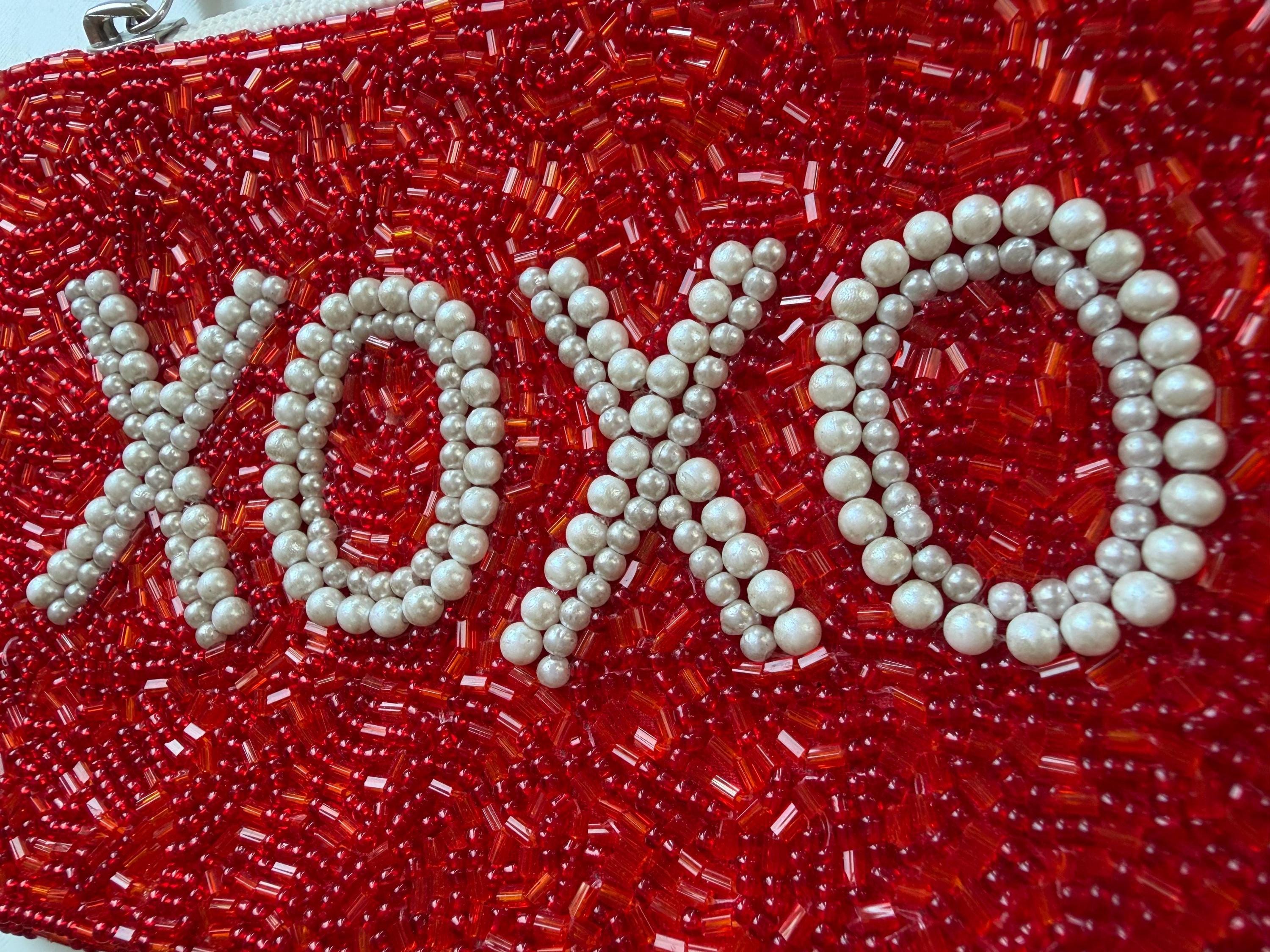 Handmade Coin Pouch, Red, XOXO, Pearl Purse, Zip Pouch, Coquette, Bead Wallet, Keychain Card Holder, Gift for Her, Party Favor