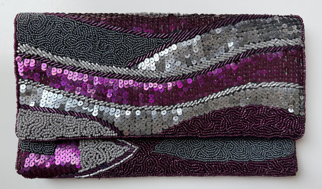 Beaded Clutch Purse, Silver, Black, Purple, Handmade Sequin Evening Bag, Envelope Clutch, Formal Wedding Cocktail Handbag, Gift for her