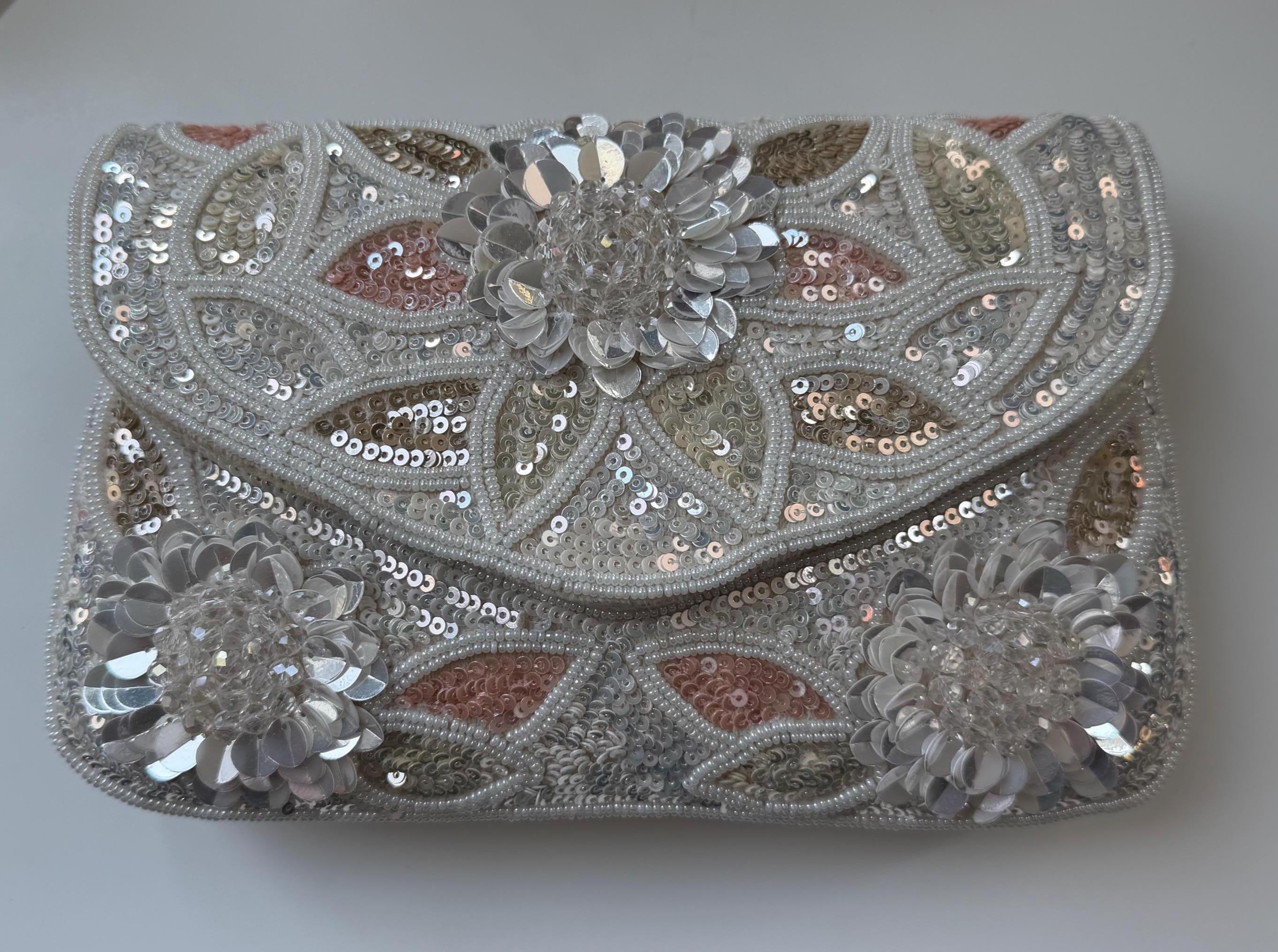 Beaded Floral Clutch Purse, Silver Ivory, Sequin Evening Bag, Bridal Wedding Clutch, Formal Prom Handbag with Gold Chain, Gift for her
