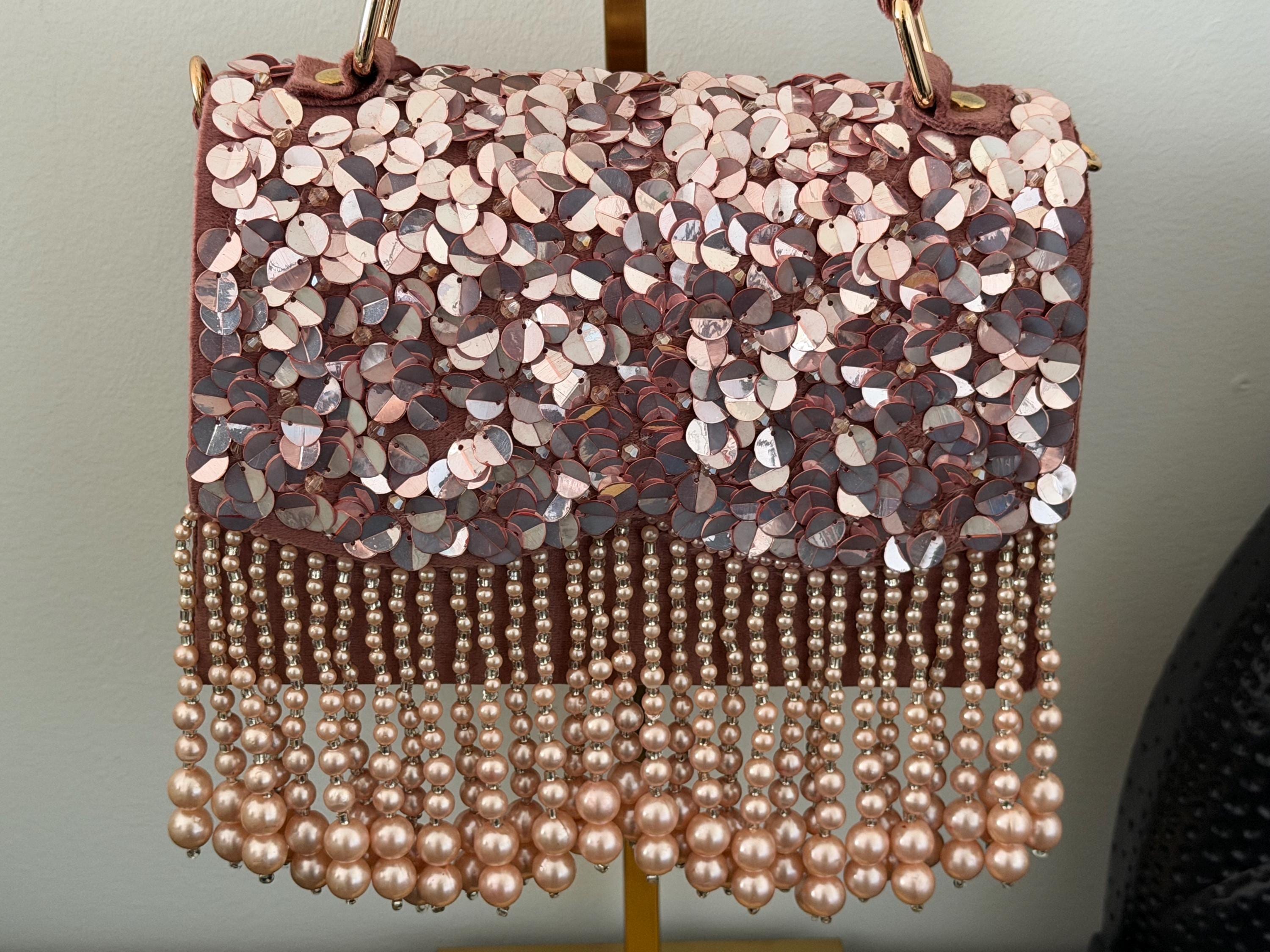 Bridal Pearl Evening Bag, Blush Mauve, Sequin, Fringe, Handmade Purse, Wedding Reception Handbag, Beaded Party Bag, Formal, Gift for her