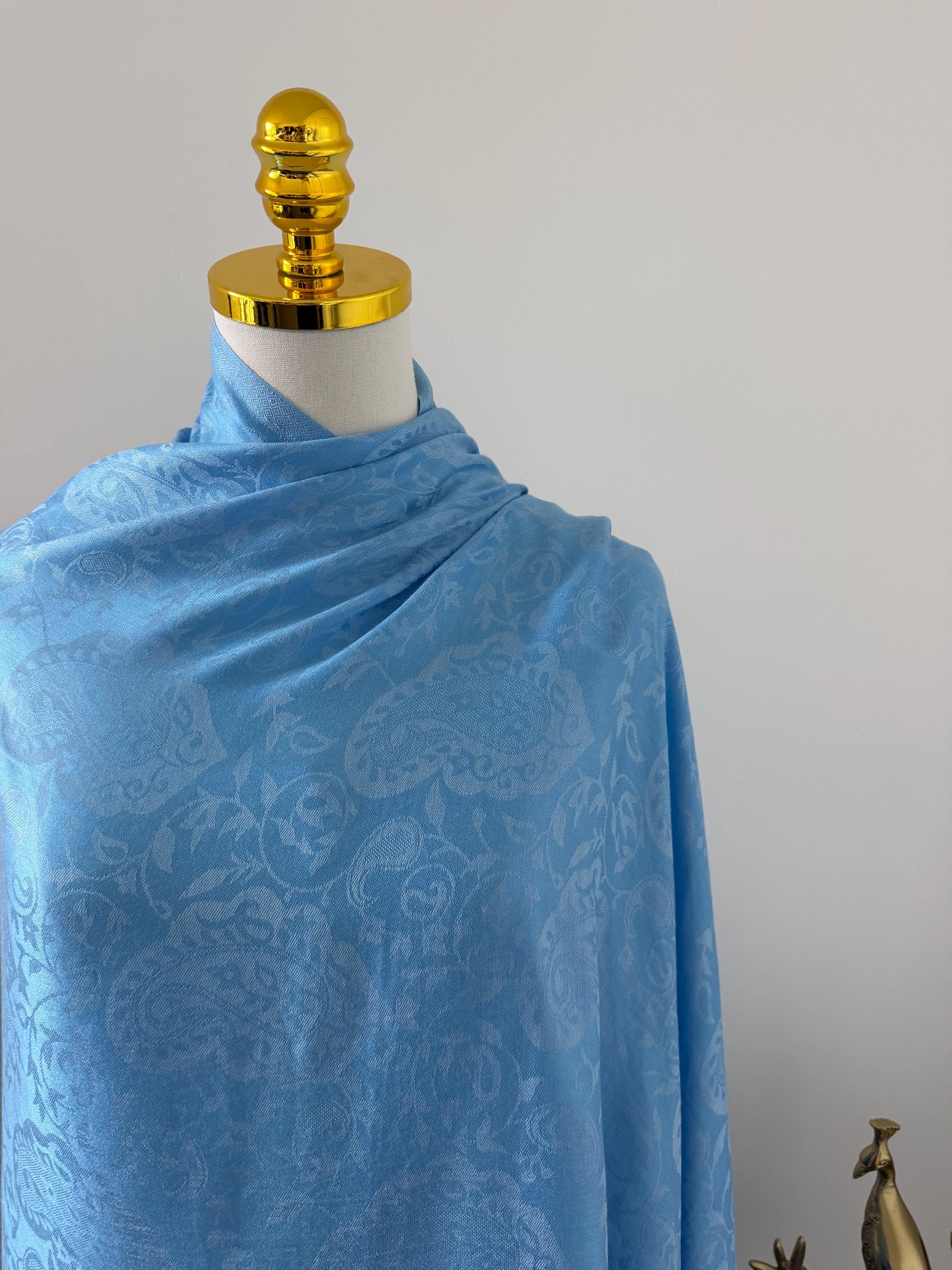 Silk Shawl, Baby Blue, Handcrafted Jacquard Floral Wrap, Lightweight Evening Stole, Wedding Guest Scarf, Luxury Gift for Her, Bridesmaid