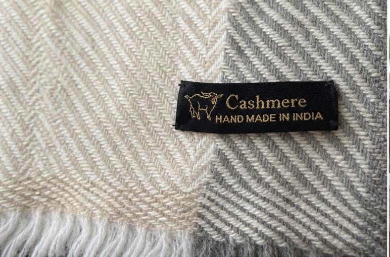 Cashmere Throw Blanket for Sofa, Ivory, Grey Accent Stripe, Cozy Travel Blanket, Handmade Kashmiri, Housewarming Gift, Luxury Home Decor