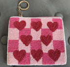 Handmade Coin Pouch, Pink Heart Purse, Checkered Zip Pouch, Coquette, Seed Bead Wallet, Keychain Card Holder, Gift for Her, Party Favor