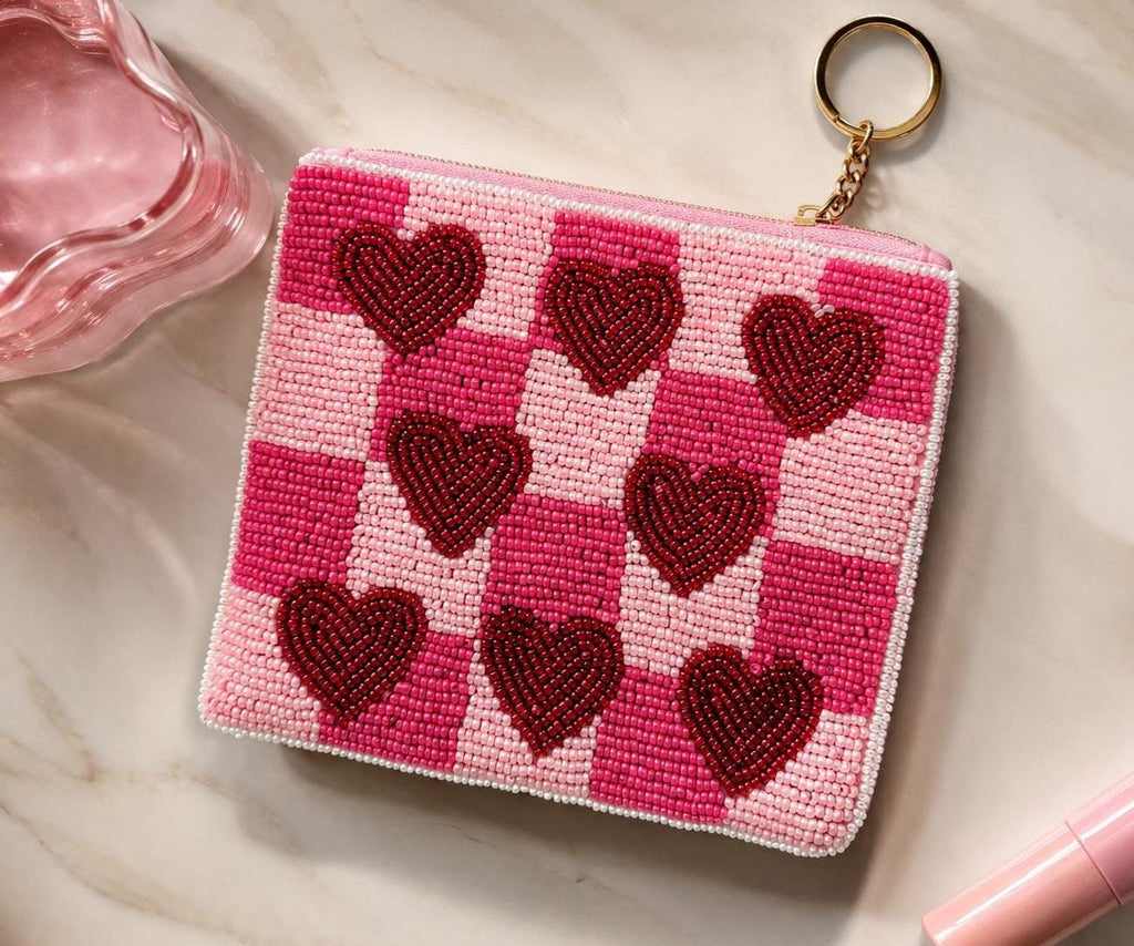 Handmade Coin Pouch, Pink Heart Purse, Checkered Zip Pouch, Coquette, Seed Bead Wallet, Keychain Card Holder, Gift for Her, Party Favor