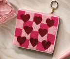 Handmade Coin Pouch, Pink Heart Purse, Checkered Zip Pouch, Coquette, Seed Bead Wallet, Keychain Card Holder, Gift for Her, Party Favor