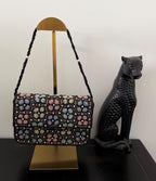 Black Beaded Floral Shoulder Bag, Handmade, Vintage Inspired Evening Purse, Detachable Chain Crossbody, Y2K Aesthetic Clutch, Gift for Her