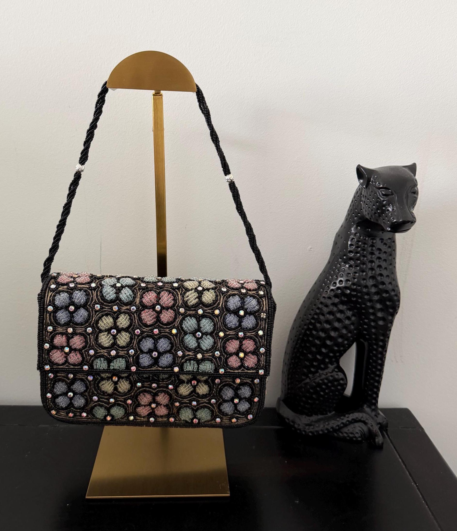 Black Beaded Floral Shoulder Bag, Handmade, Vintage Inspired Evening Purse, Detachable Chain Crossbody, Y2K Aesthetic Clutch, Gift for Her