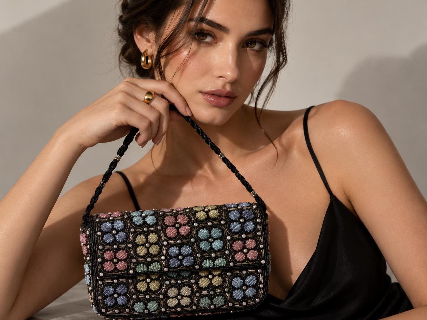 Black Beaded Floral Shoulder Bag, Handmade, Vintage Inspired Evening Purse, Detachable Chain Crossbody, Y2K Aesthetic Clutch, Gift for Her