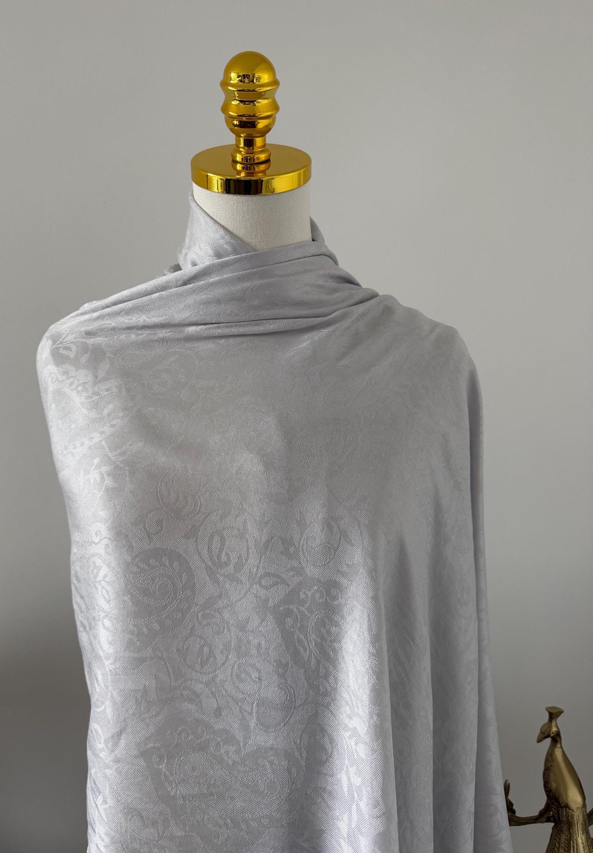 Silk Shawl, Soft Pearl Silver, Handcrafted Jacquard Wrap, Lightweight Evening Stole, Wedding Guest Scarf, Luxury Gift for Her, Bridesmaid