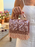 Bridal Pearl Evening Bag, Blush Mauve, Sequin, Fringe, Handmade Purse, Wedding Reception Handbag, Beaded Party Bag, Formal, Gift for her