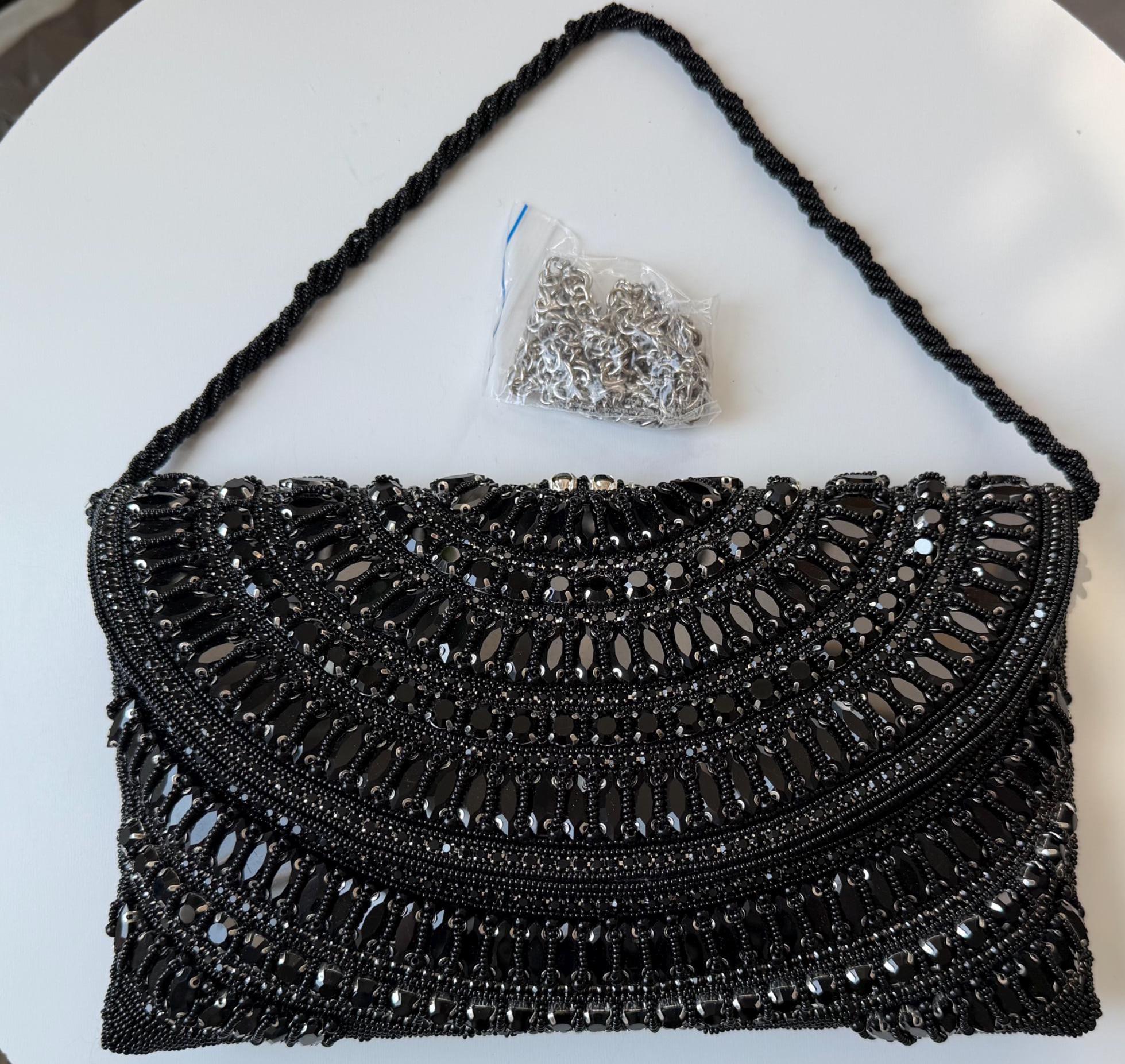 Black Crystal Evening Bag, Rhinestone Clutch, Purse with Chain Strap, Bridal Wedding Handbag, Formal Prom Cocktail Purse, Gift for Her