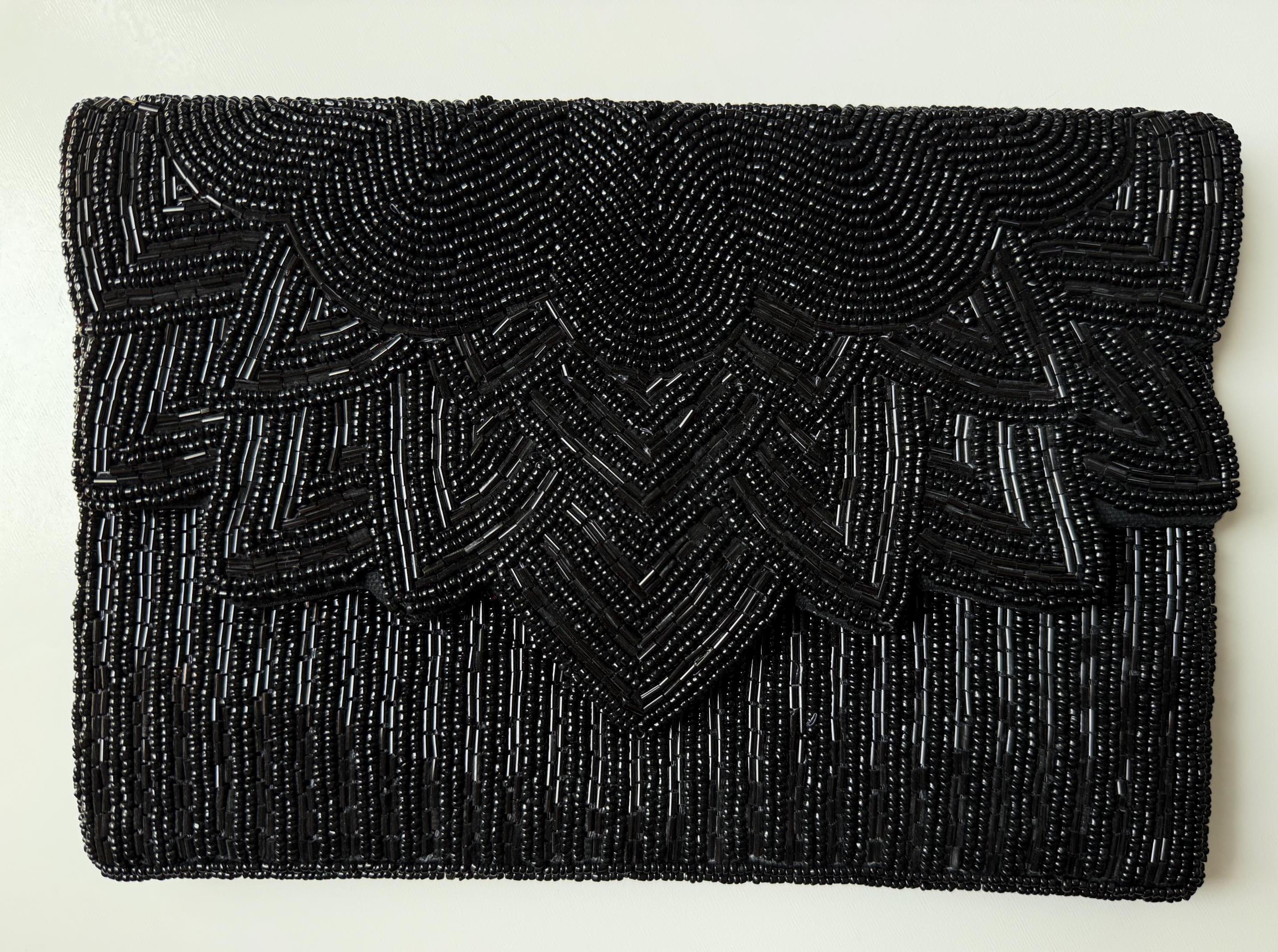 Black Beaded Clutch Purse, Handmade Vintage Evening Bag, Art Deco Envelope Clutch, Elegant Formal Wedding Cocktail Party Handbag