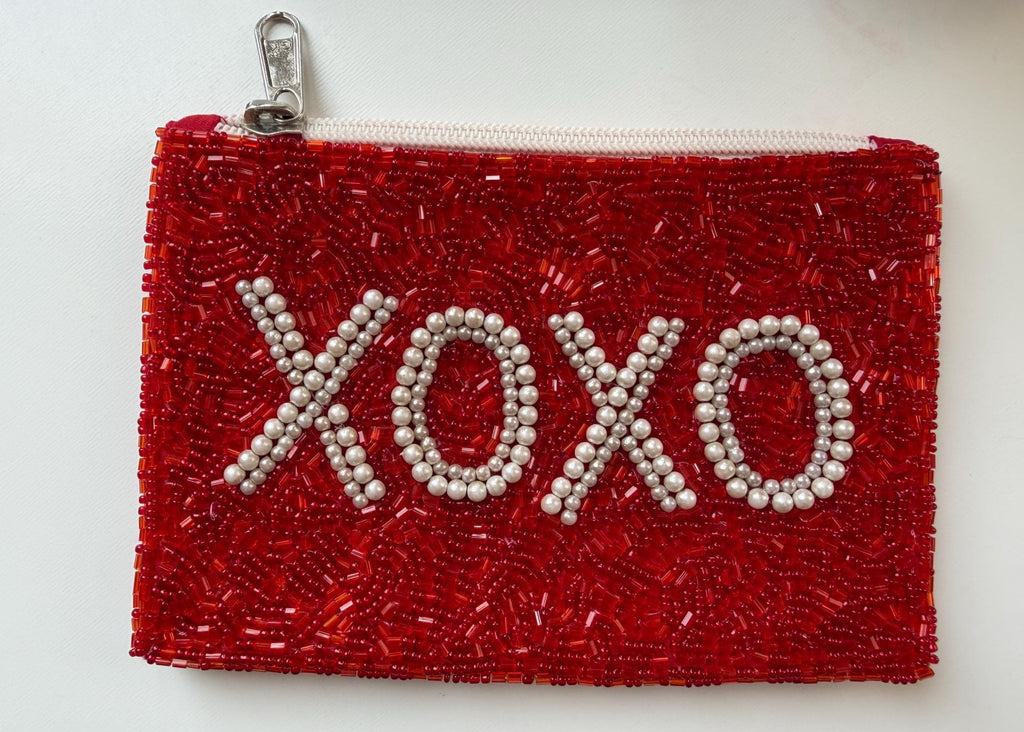 Handmade Coin Pouch, Red, XOXO, Pearl Purse, Zip Pouch, Coquette, Bead Wallet, Keychain Card Holder, Gift for Her, Party Favor