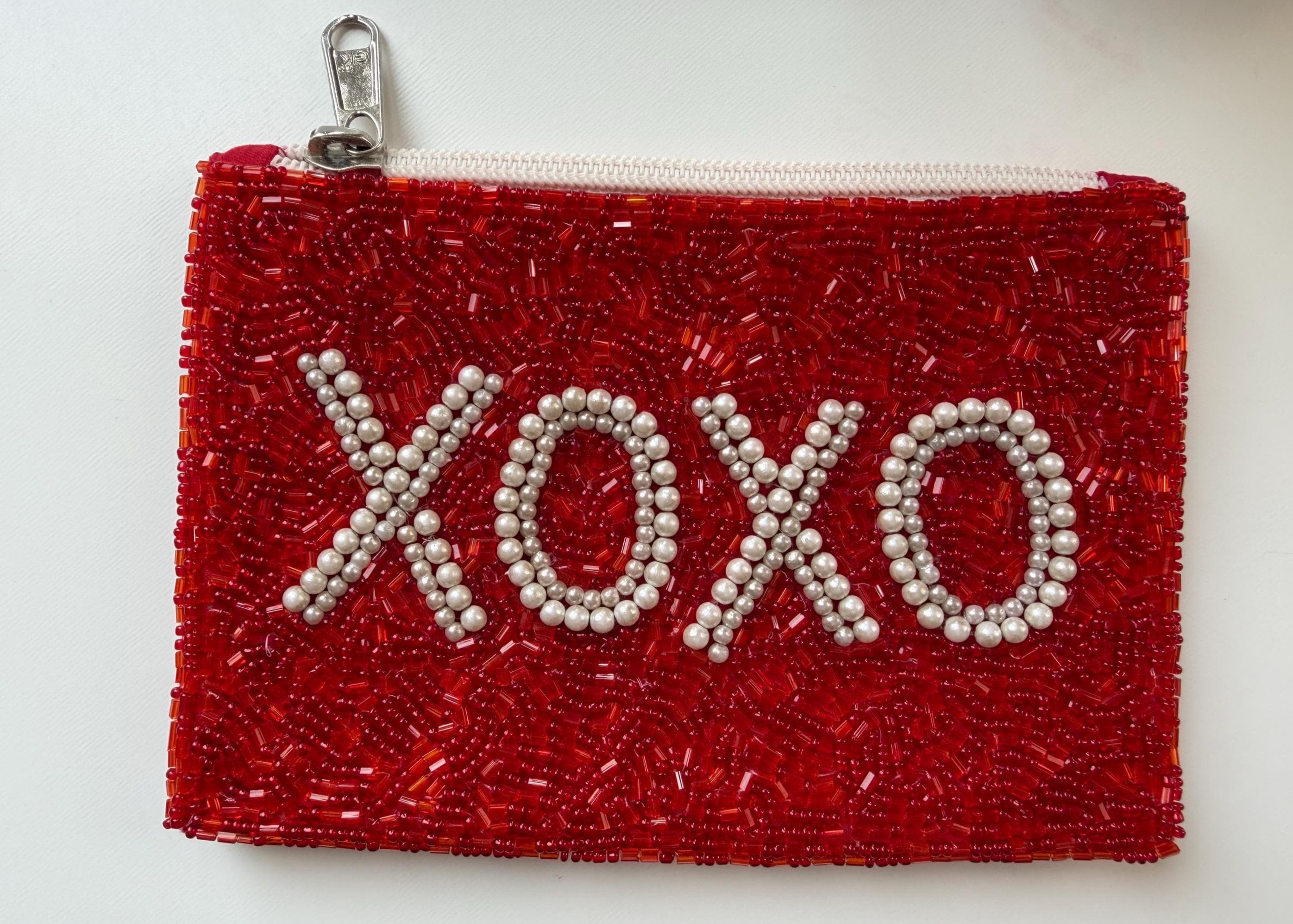 Handmade Coin Pouch, Red, XOXO, Pearl Purse, Zip Pouch, Coquette, Bead Wallet, Keychain Card Holder, Gift for Her, Party Favor