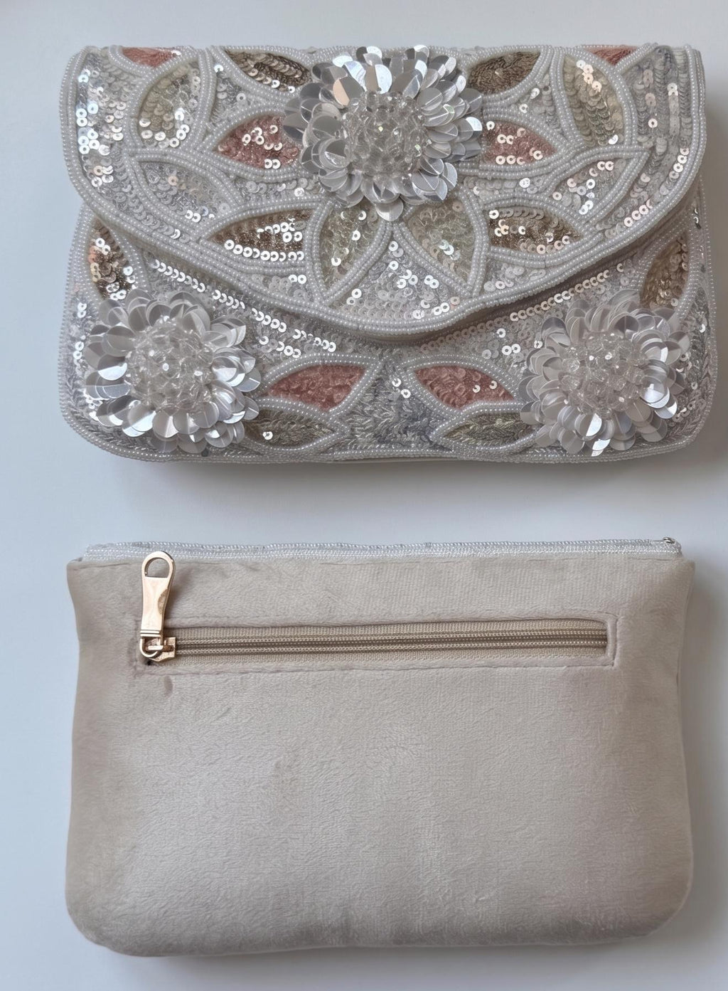 Beaded Floral Clutch Purse, Silver Ivory, Sequin Evening Bag, Bridal Wedding Clutch, Formal Prom Handbag with Gold Chain, Gift for her