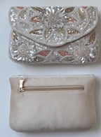 Beaded Floral Clutch Purse, Silver Ivory, Sequin Evening Bag, Bridal Wedding Clutch, Formal Prom Handbag with Gold Chain, Gift for her