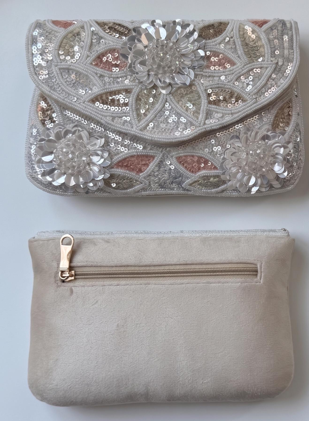 Beaded Floral Clutch Purse, Silver Ivory, Sequin Evening Bag, Bridal Wedding Clutch, Formal Prom Handbag with Gold Chain, Gift for her