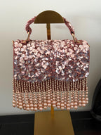 Bridal Pearl Evening Bag, Blush Mauve, Sequin, Fringe, Handmade Purse, Wedding Reception Handbag, Beaded Party Bag, Formal, Gift for her