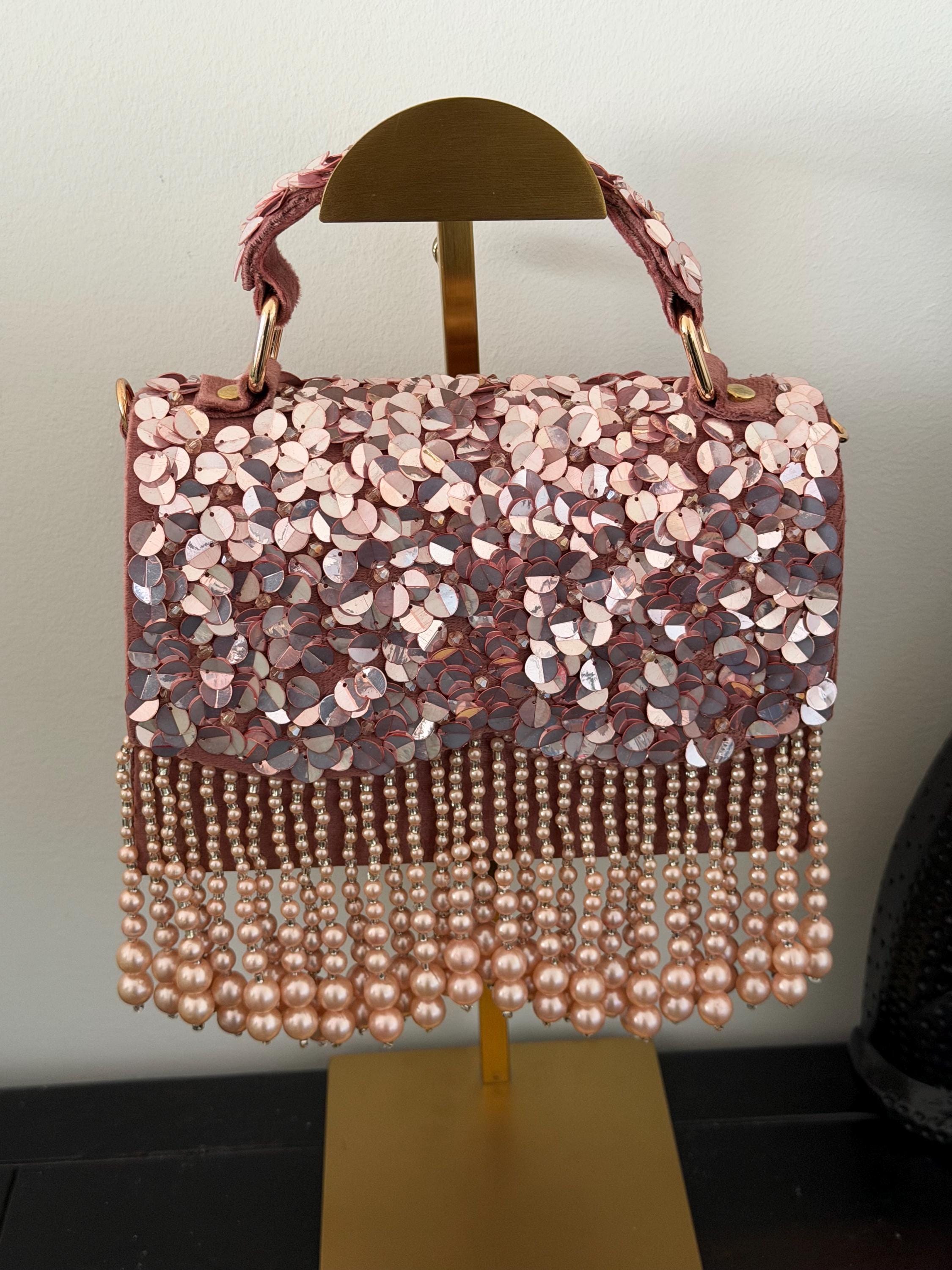 Bridal Pearl Evening Bag, Blush Mauve, Sequin, Fringe, Handmade Purse, Wedding Reception Handbag, Beaded Party Bag, Formal, Gift for her