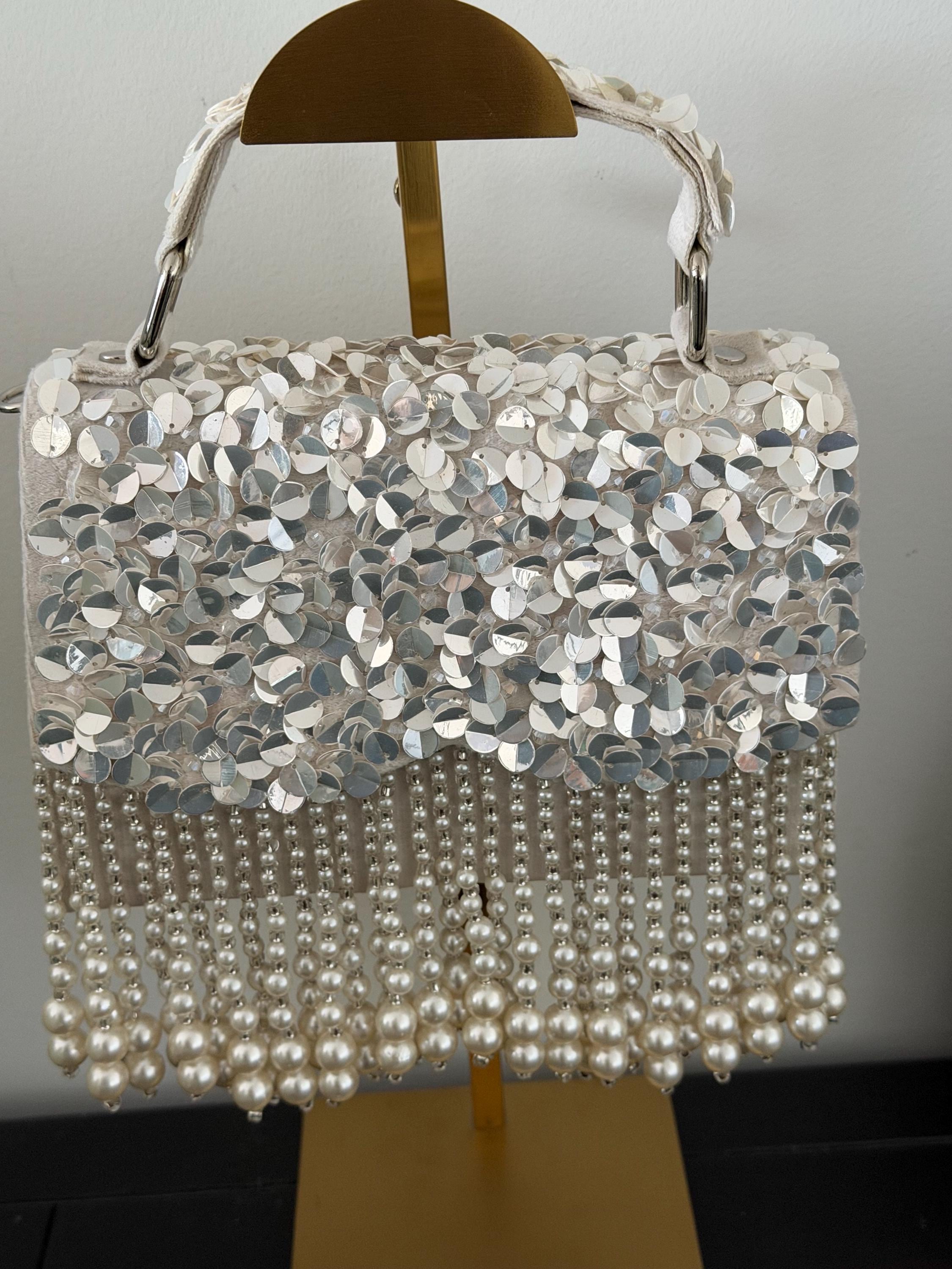 Bridal Pearl Evening Bag, Ivory, Silver Sequin, Fringe, Handmade Purse, Wedding Reception Handbag, Beaded Party Bag, Formal, Gift for her