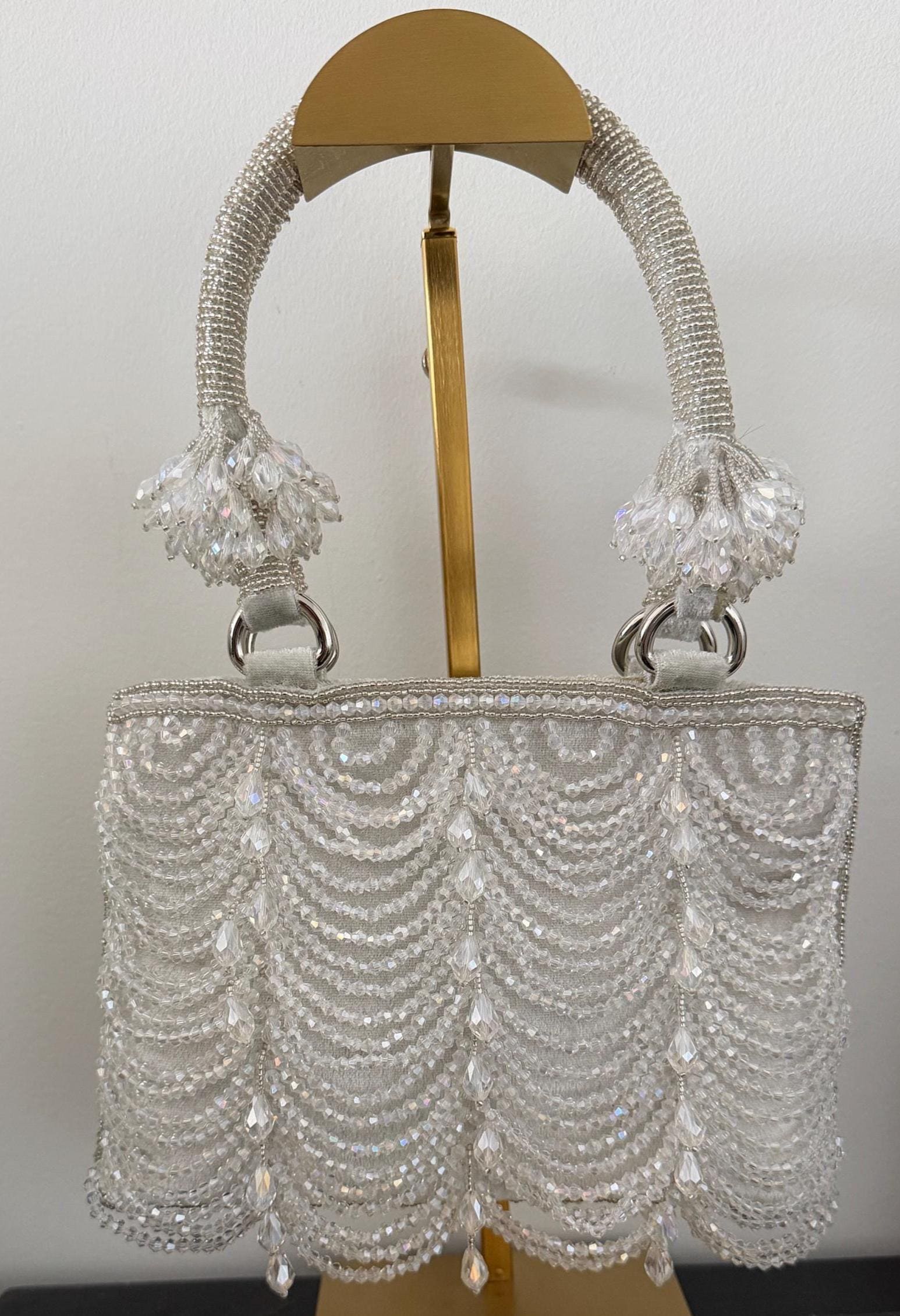 Silver Bridal, Beaded Purse, Crystal, White, Evening Bag, Handmade, Wedding Handbag, Bride, Reception Purse, Gift for her, Bachelorette