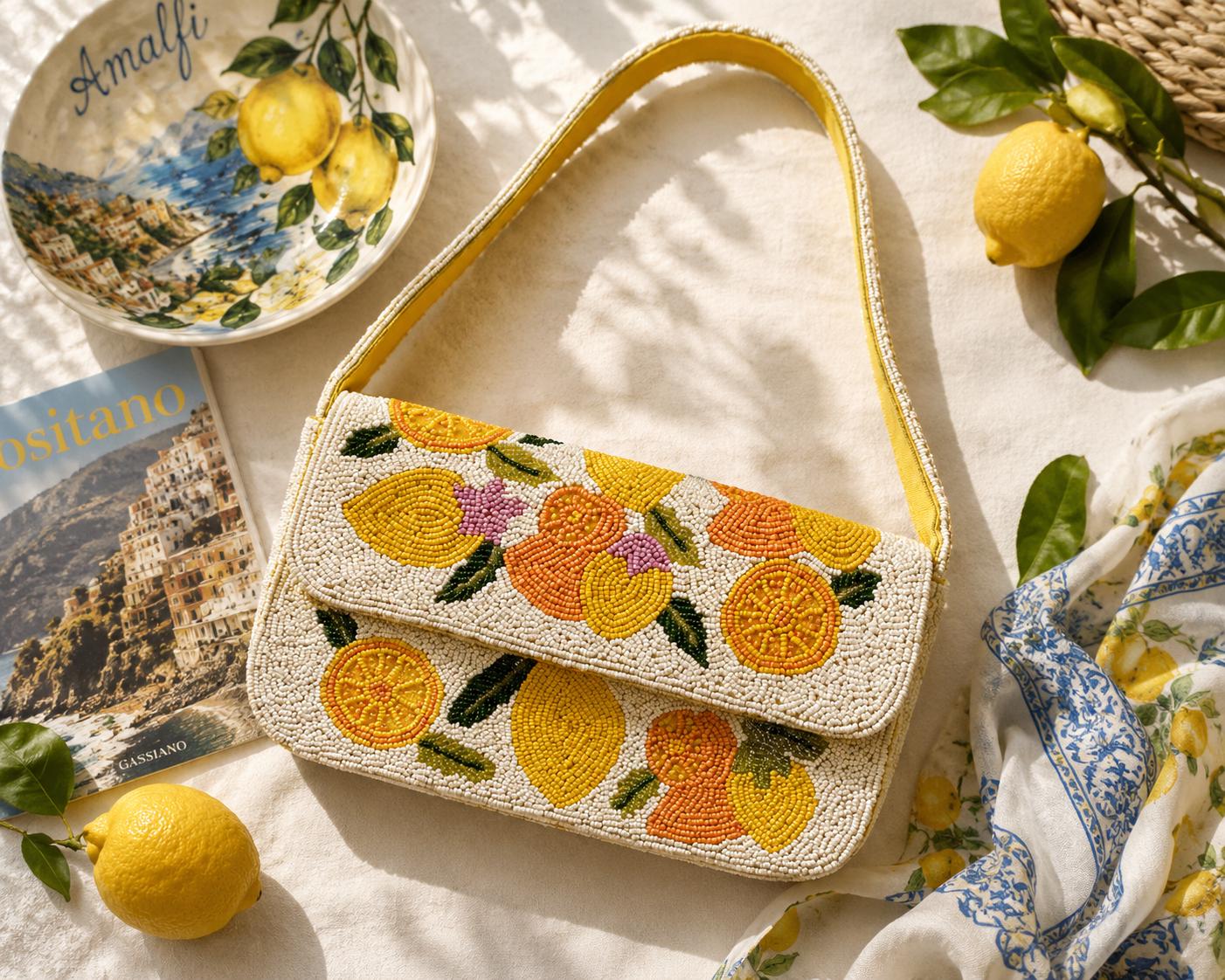 Amalfi Beaded Lemon Purse, Handmade Embroidered Handbag, Summer Statement Bag, Wedding Guest Clutch, Citrus, Floral, Gift for Her