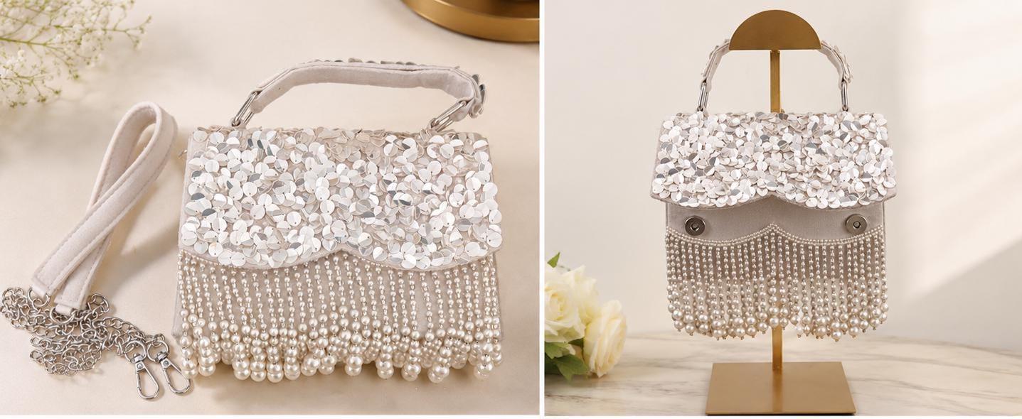 Bridal Pearl Evening Bag, Ivory, Silver Sequin, Fringe, Handmade Purse, Wedding Reception Handbag, Beaded Party Bag, Formal, Gift for her