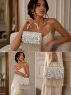 Bridal Pearl Evening Bag, Ivory, Silver Sequin, Fringe, Handmade Purse, Wedding Reception Handbag, Beaded Party Bag, Formal, Gift for her