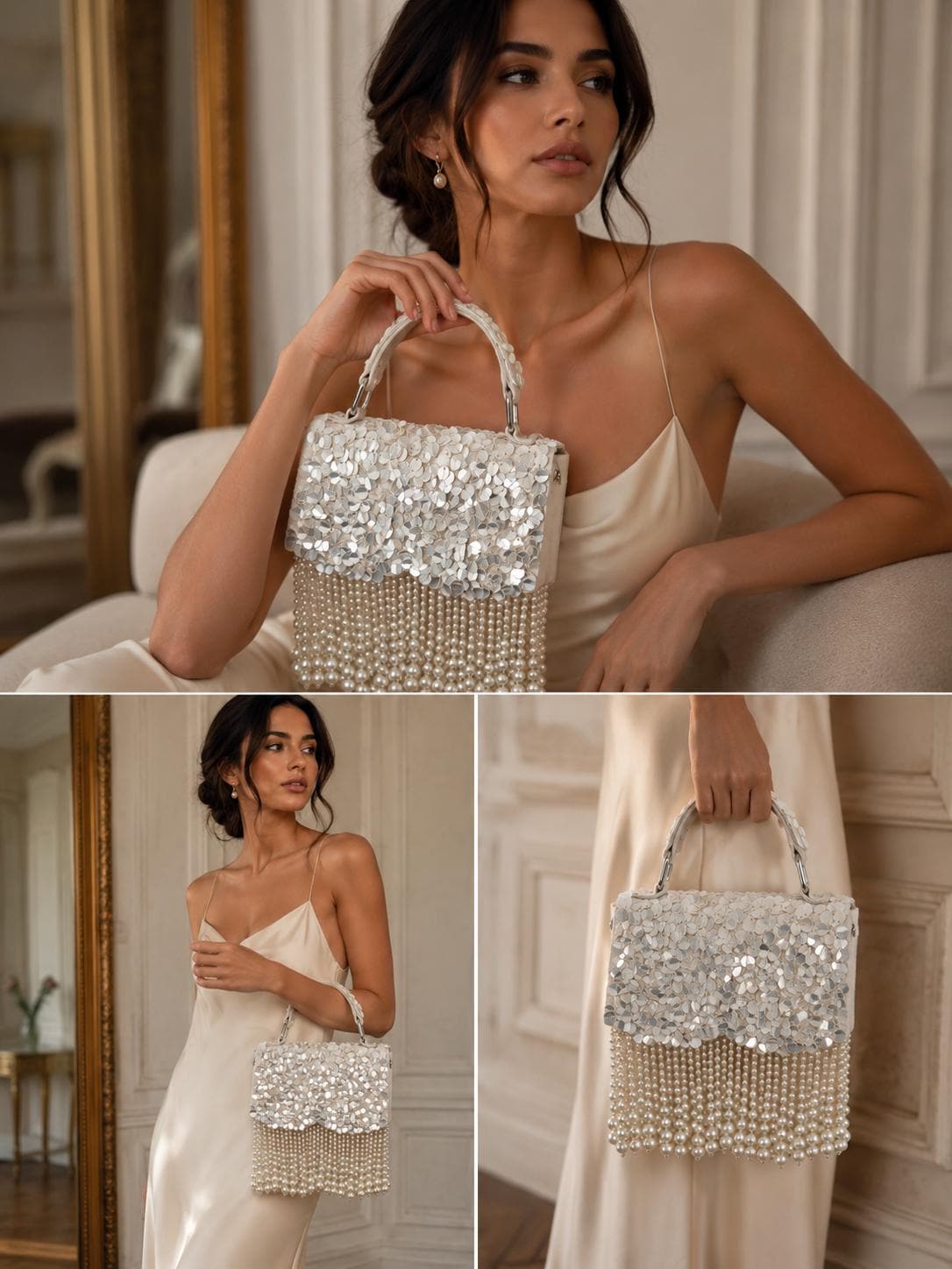 Bridal Pearl Evening Bag, Ivory, Silver Sequin, Fringe, Handmade Purse, Wedding Reception Handbag, Beaded Party Bag, Formal, Gift for her