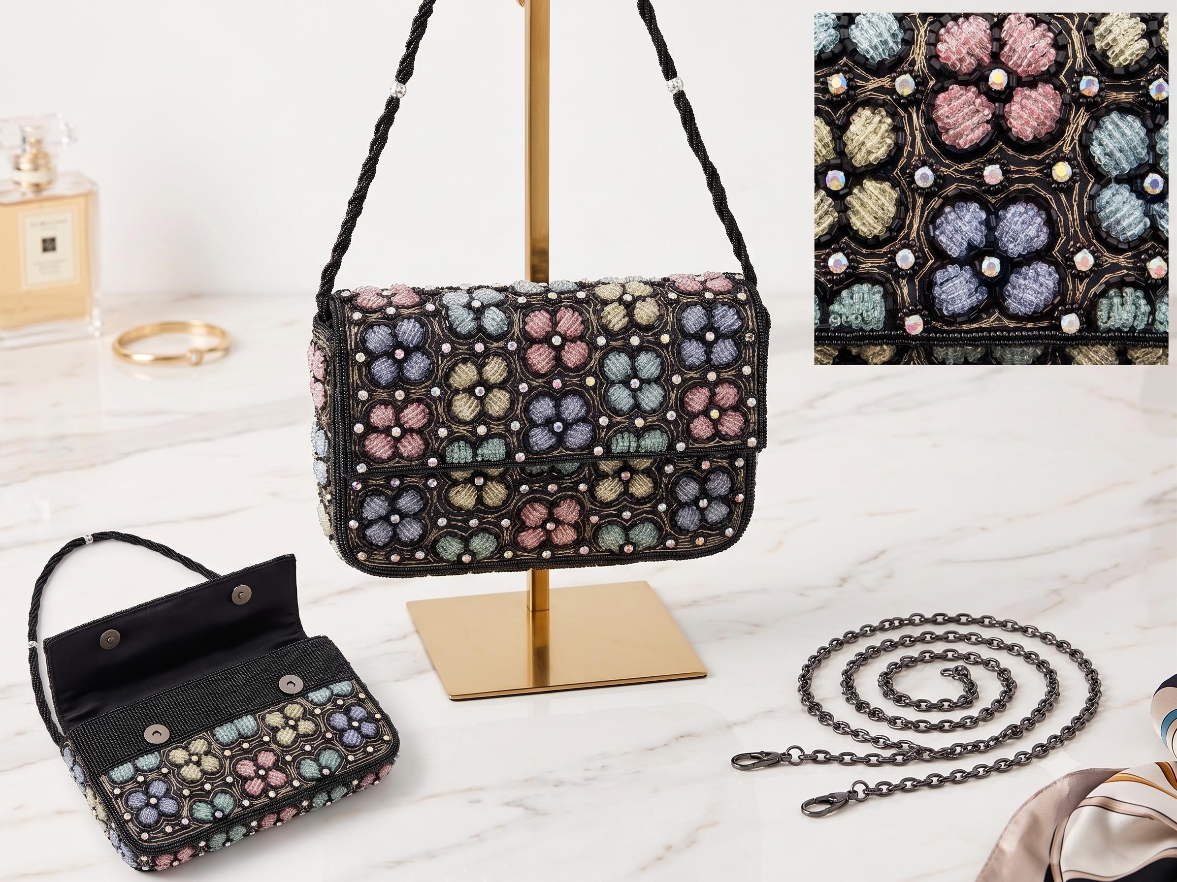 Black Beaded Floral Shoulder Bag, Handmade, Vintage Inspired Evening Purse, Detachable Chain Crossbody, Y2K Aesthetic Clutch, Gift for Her
