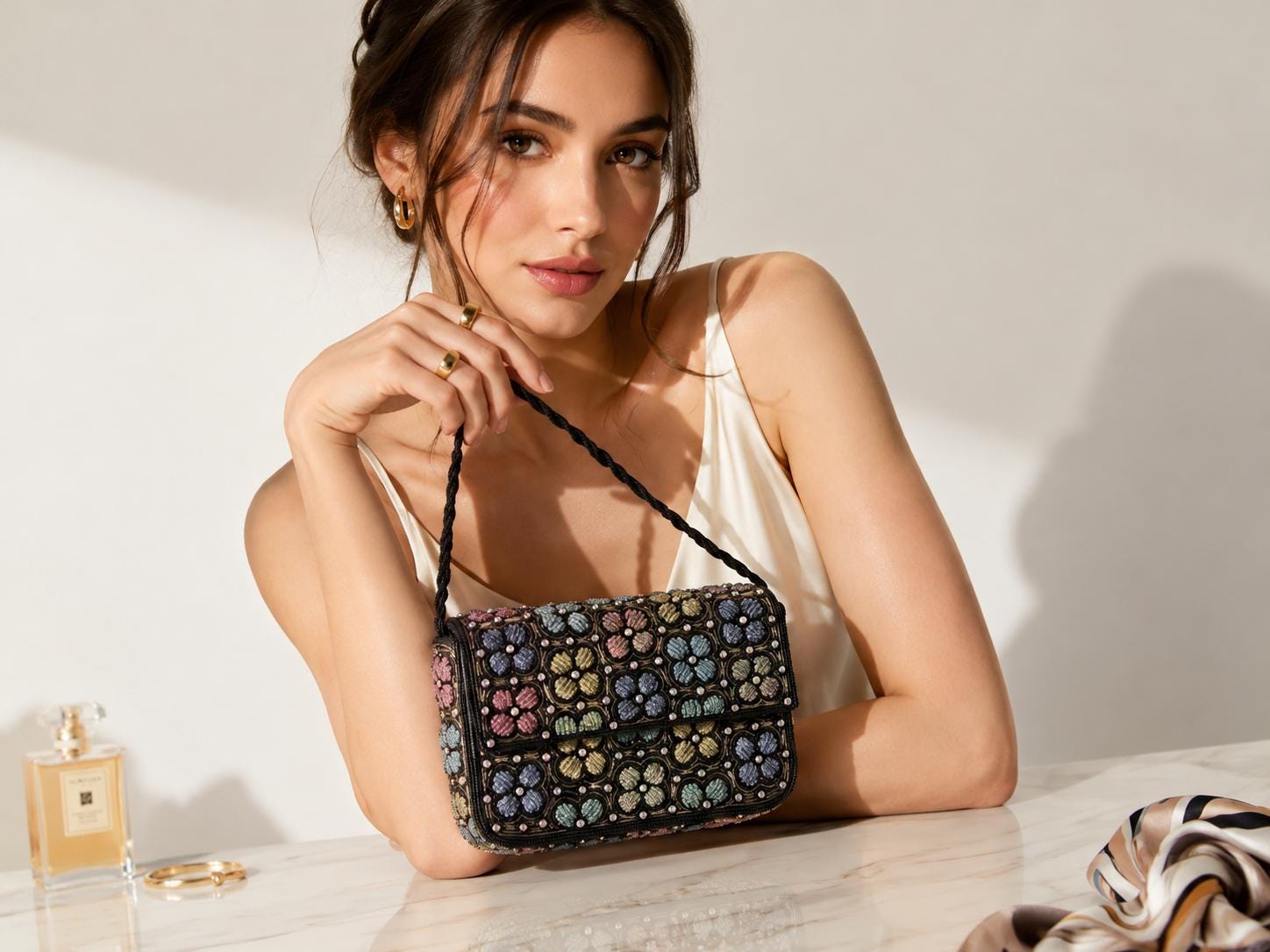Black Beaded Floral Shoulder Bag, Handmade, Vintage Inspired Evening Purse, Detachable Chain Crossbody, Y2K Aesthetic Clutch, Gift for Her