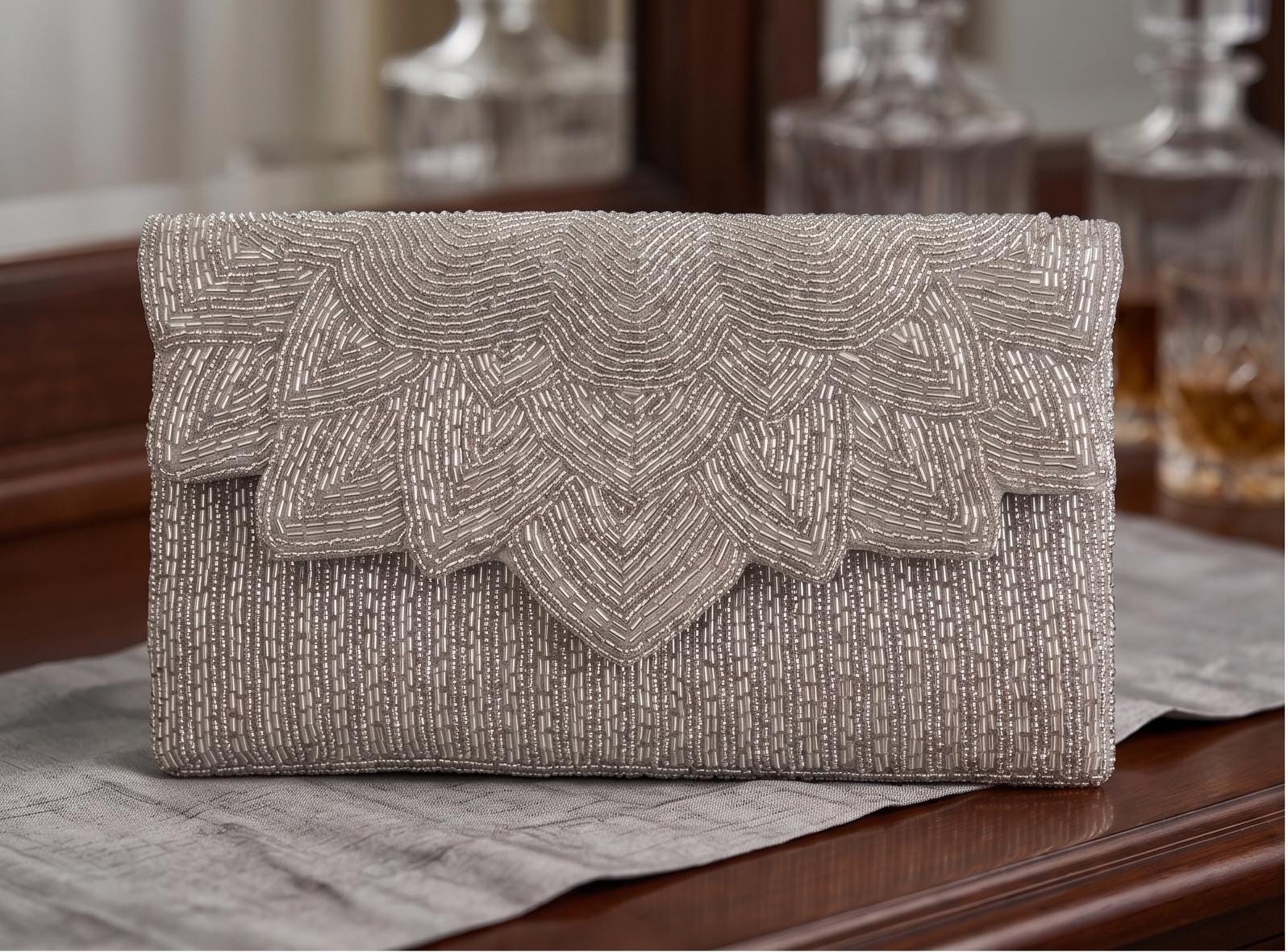 Silver Beaded Clutch, Purse, Handmade, Bridal, Evening Bag, Envelope Clutch, Elegant, Formal Wedding, Cocktail Party Handbag, Gift for her