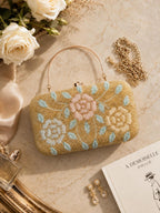Beaded Evening Clutch, Gold, Blush Pink, Embroidery Purse, Bridal, Mother of the Bride, Groom, Floral Handbag, Wedding Guest, Gift for her